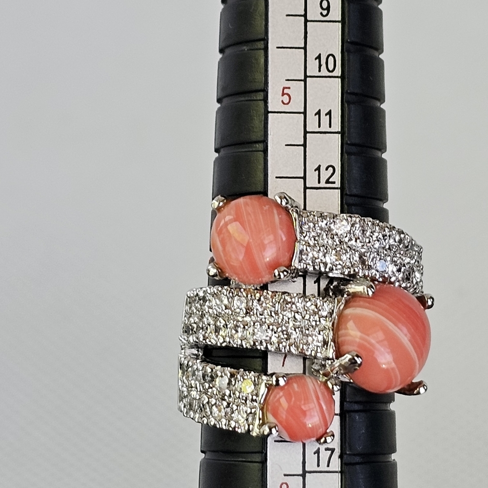 Rare Vintage Genuine Salmon Coral & CZ Wrap Around Ring Sterling Silver Sz 7! - Picture 7 of 9